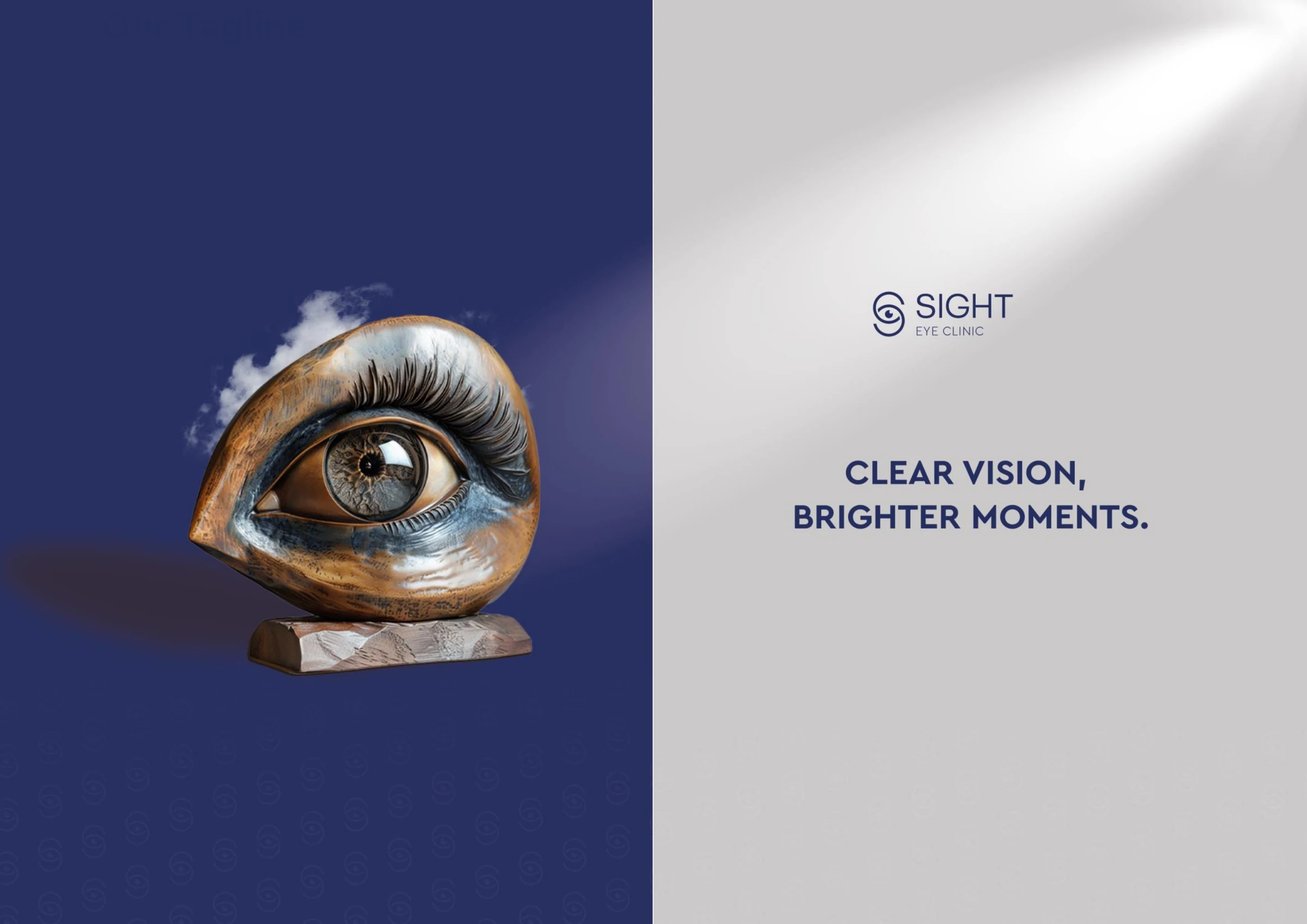 Sight key visual: an eye sculpture beside the logo and the line Clear vision, brighter moments