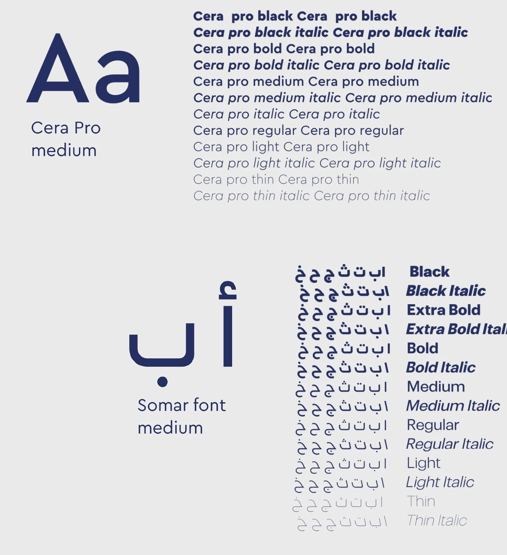 Sight English and Arabic typography specimens