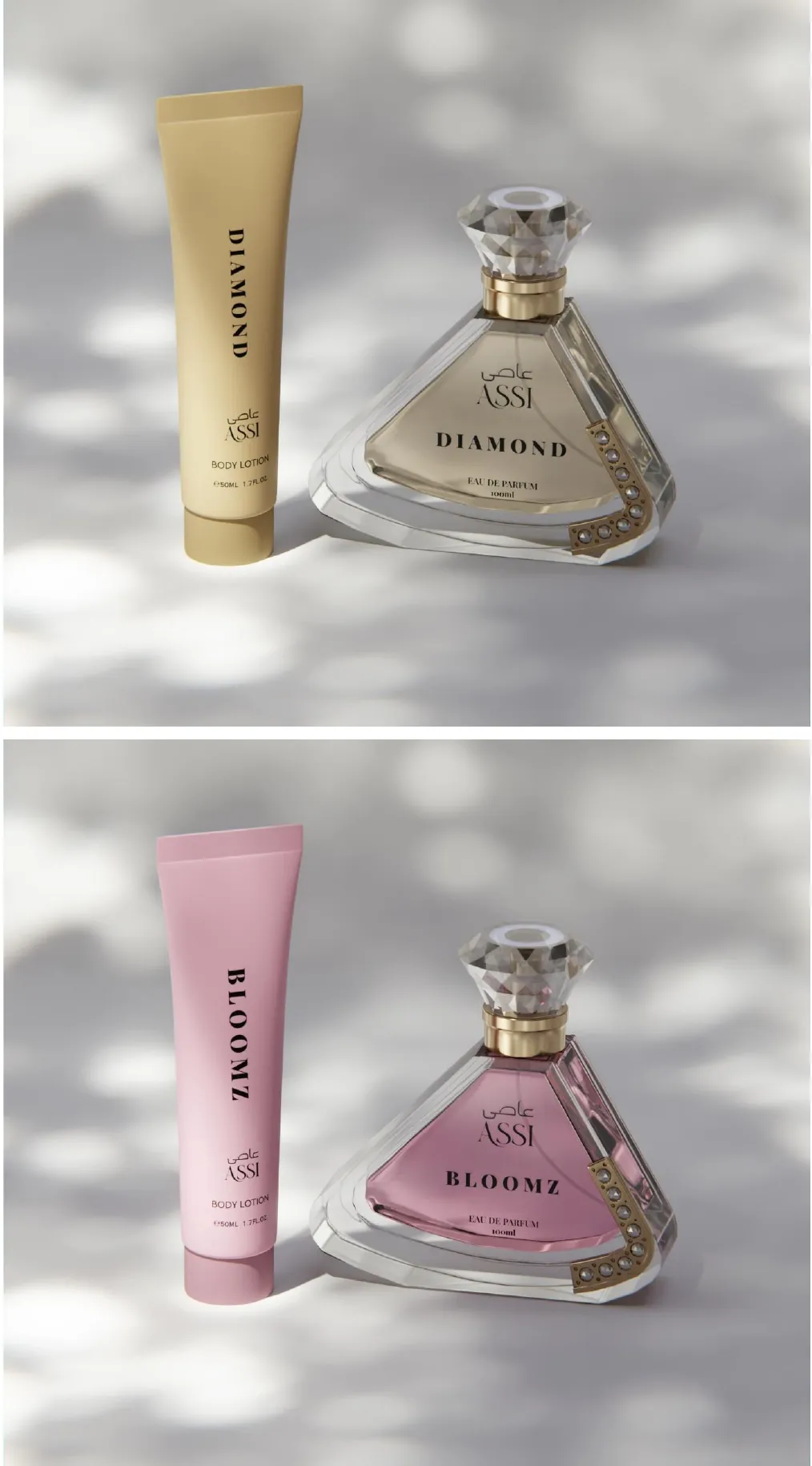 Diamond and Bloomz fragrance and body lotion packaging mockups
