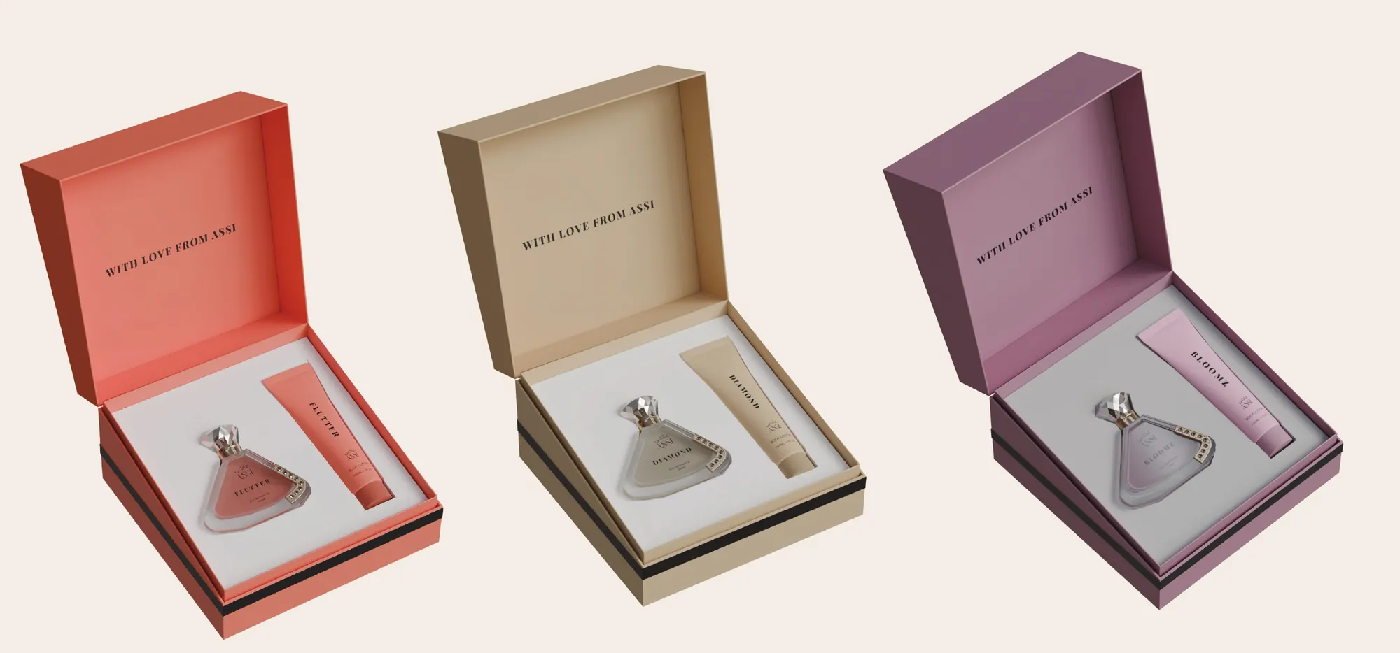 Flutter, Diamond and Bloomz gift-box designs