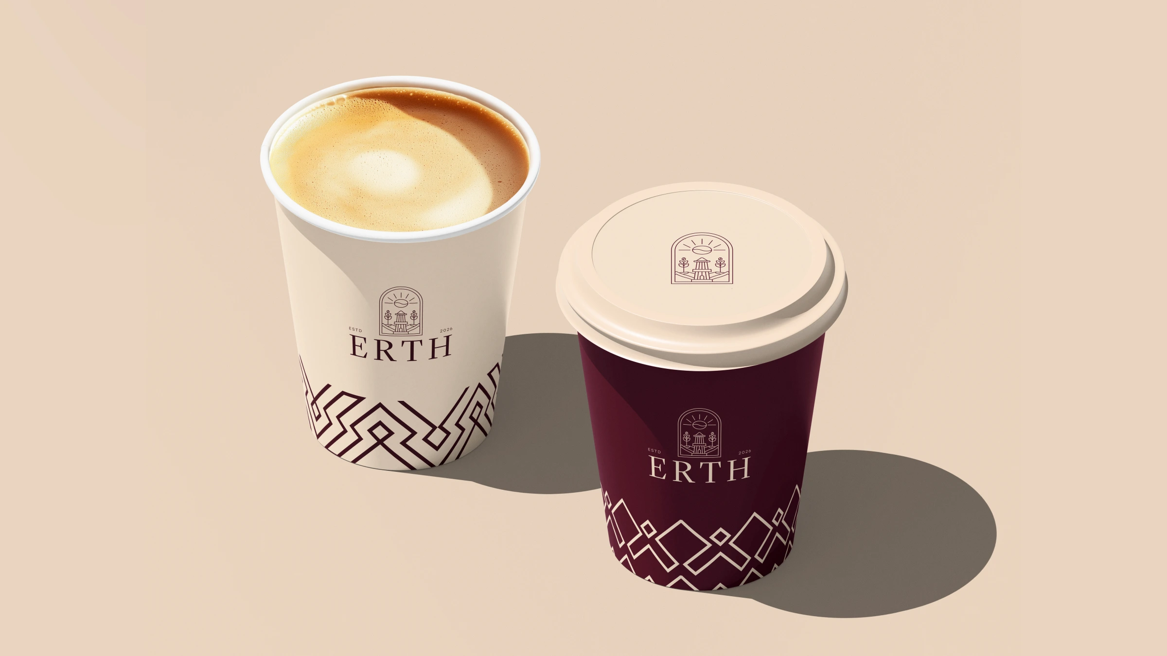 ERTH cream and burgundy takeaway cup applications