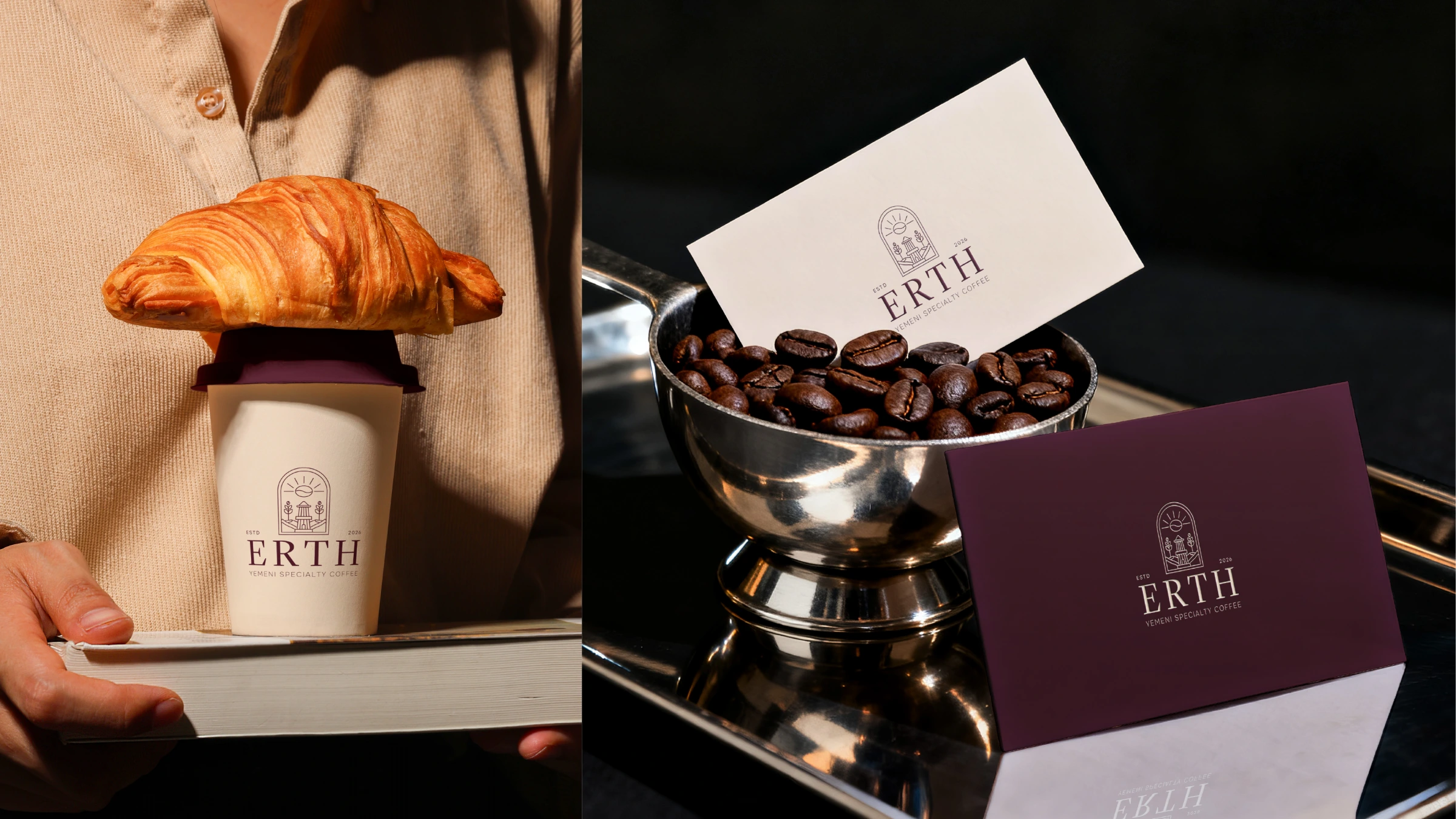 ERTH identity applied to coffee service, hospitality and printed cards